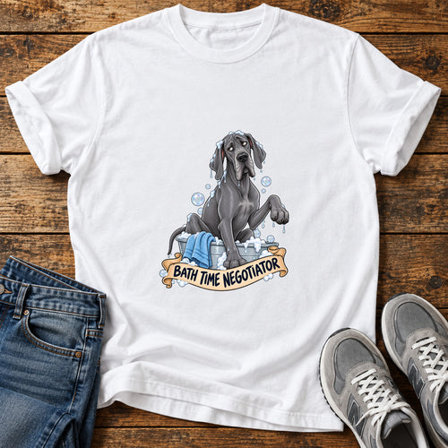 Bath Time Negotiator Great Dane graphic T-shirt in White, shown on a flat-lay shirt mockup