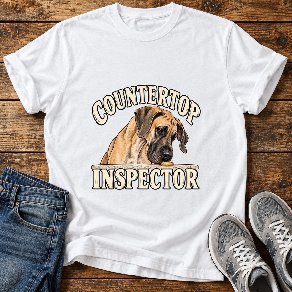 Countertop Inspector Great Dane graphic T-shirt in White, shown on a flat-lay shirt mockup