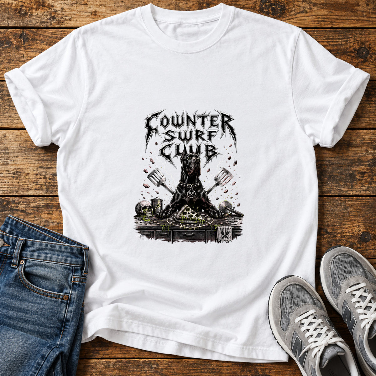 Counter Surf Club Great Dane graphic T-shirt in White, shown on a flat-lay shirt mockup