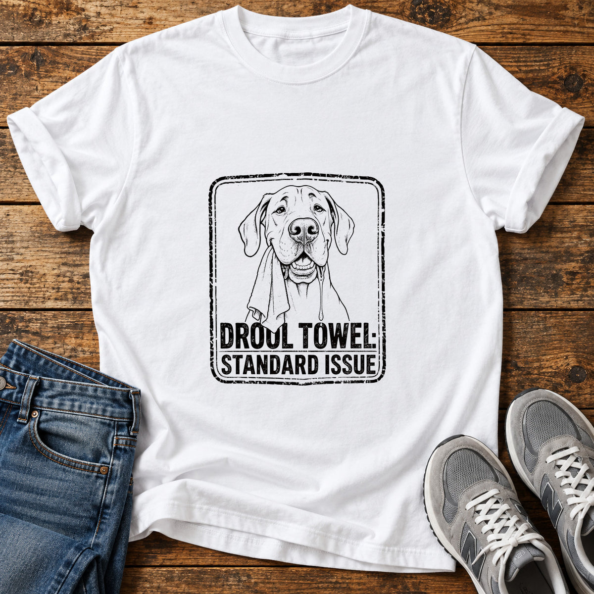 Drool Towel Great Dane graphic T-shirt in White, shown on a flat-lay shirt mockup