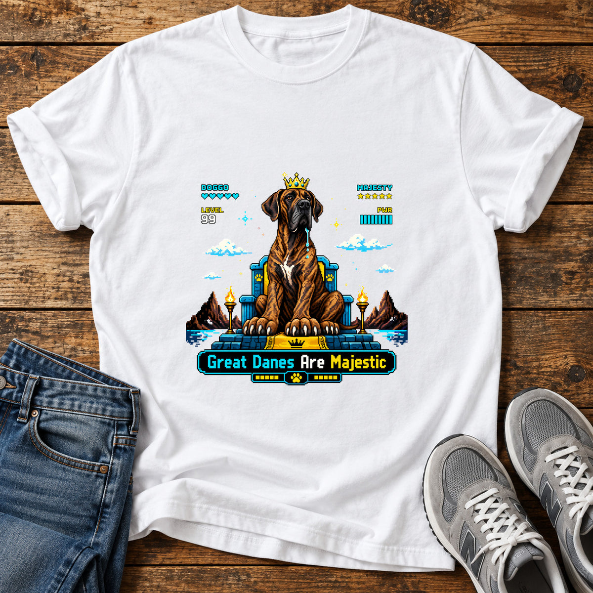 Great Danes Majestic graphic T-shirt in White, shown on a flat-lay shirt mockup