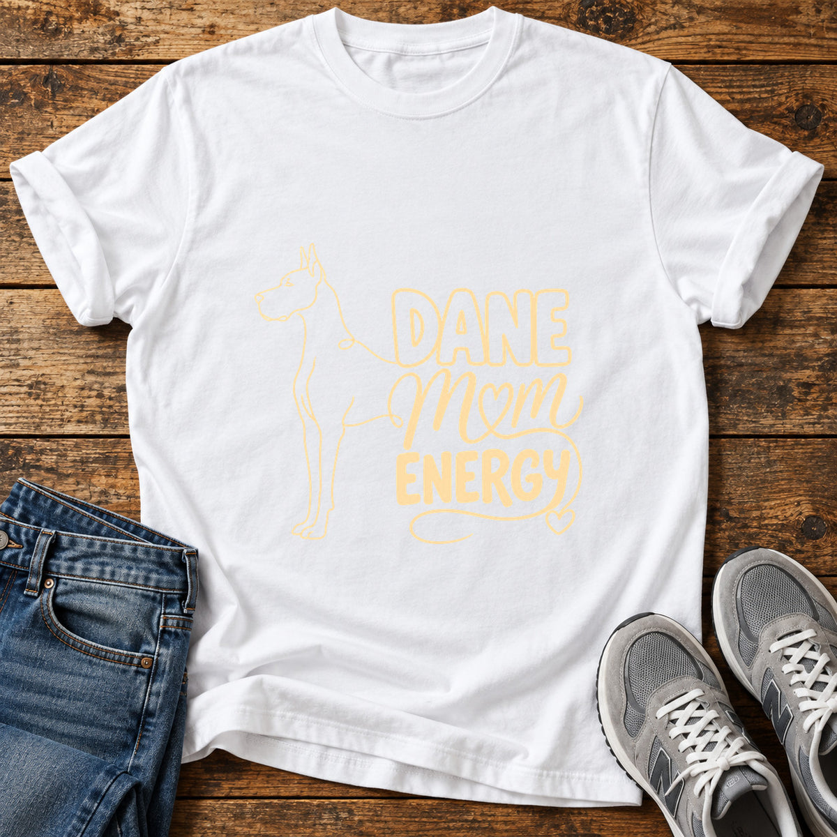 Dane Mom Vibes Great Dane graphic T-shirt in White, shown on a flat-lay shirt mockup