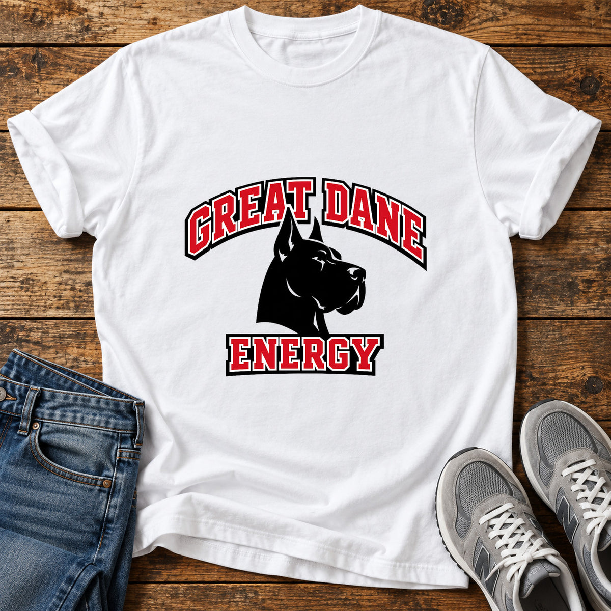 Great Dane Energy graphic T-shirt in White, shown on a flat-lay shirt mockup