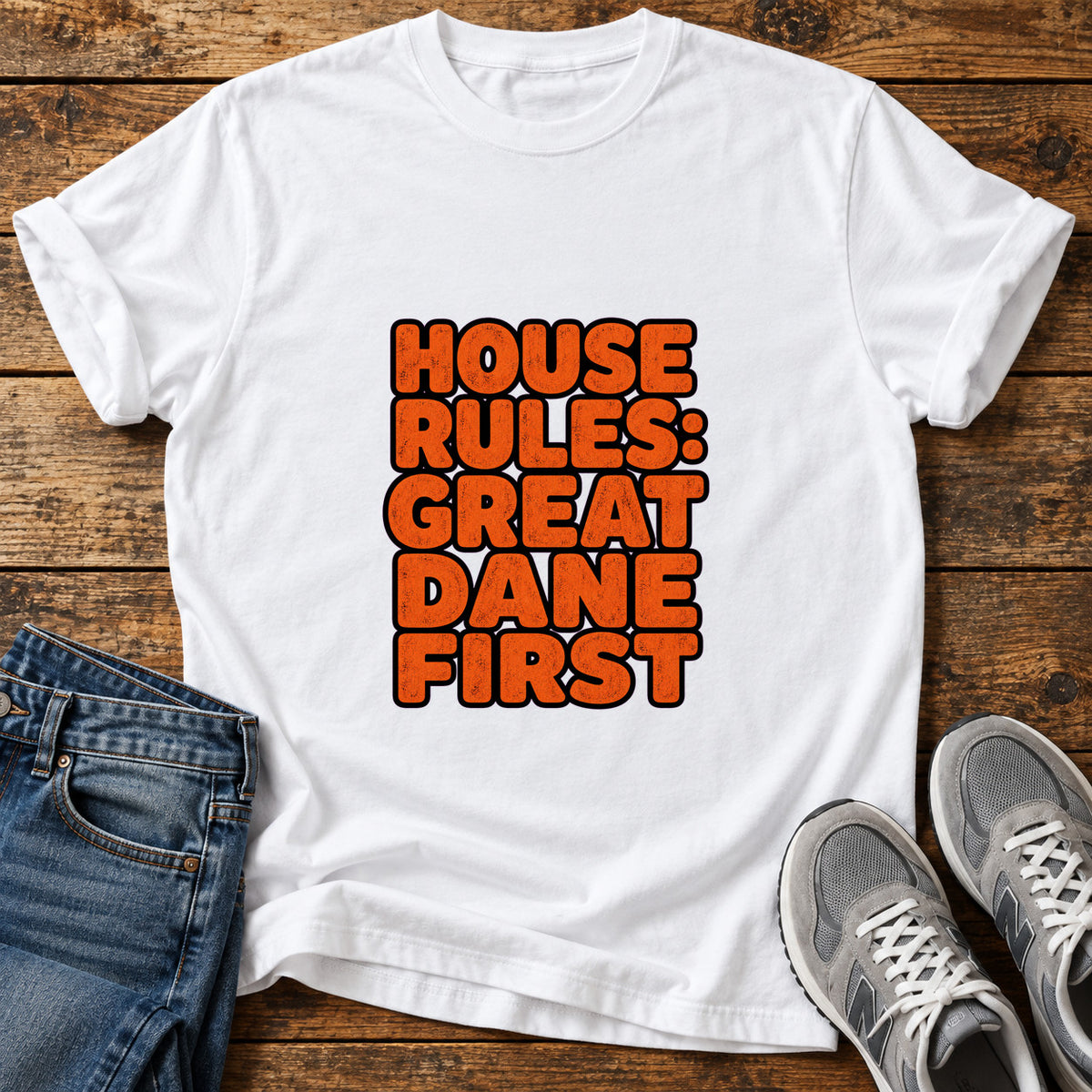 Great Dane Rules graphic T-shirt in White, shown on a flat-lay shirt mockup