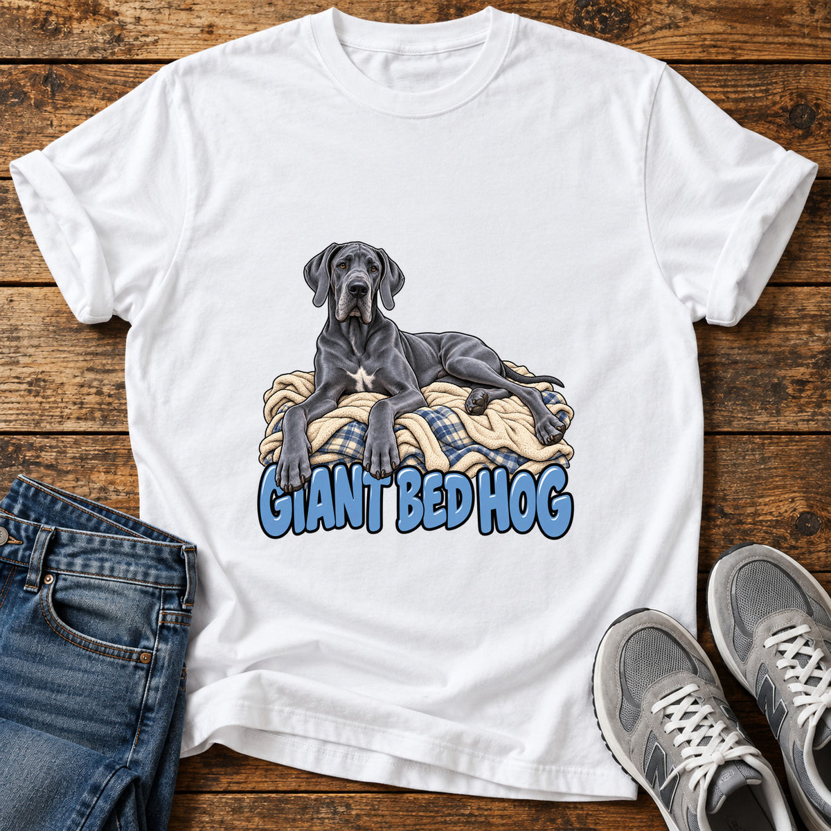 Giant Bed Hog Great Dane graphic T-shirt in White, shown on a flat-lay shirt mockup