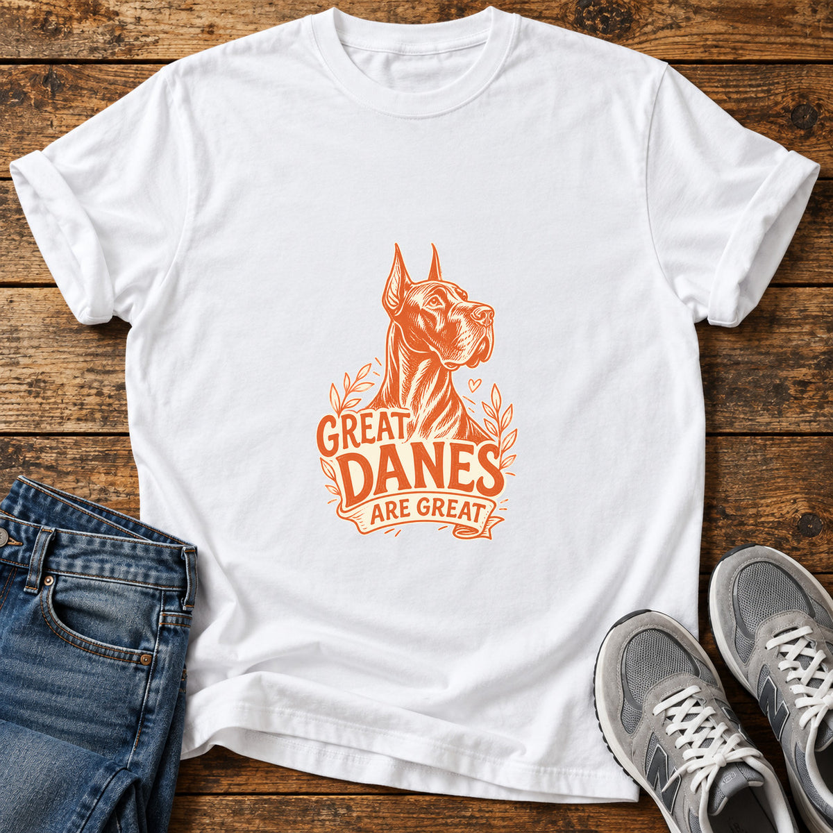 Great Danes Great graphic T-shirt in White, shown on a flat-lay shirt mockup
