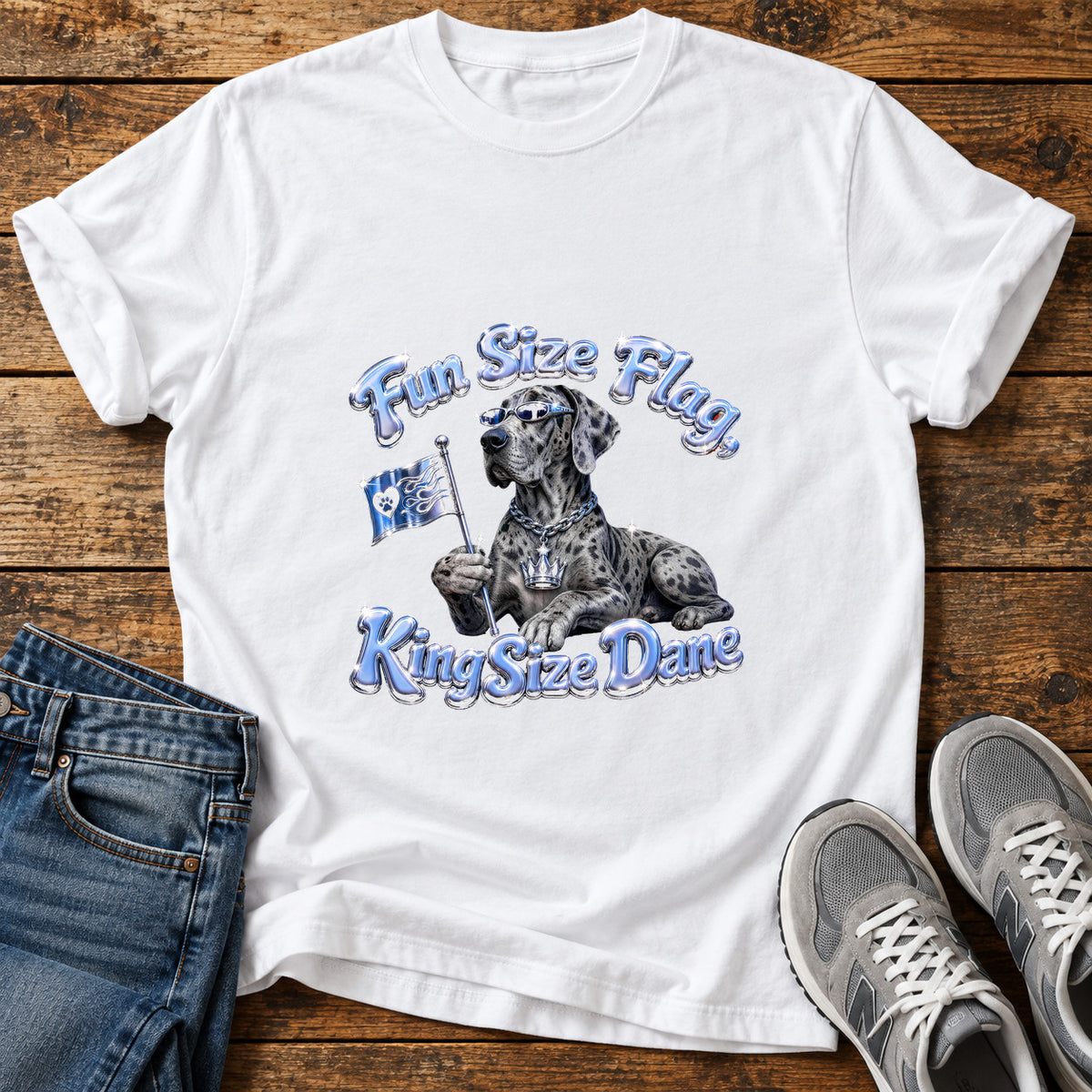 Fun Size Flag Great Dane graphic T-shirt in White, shown on a flat-lay shirt mockup