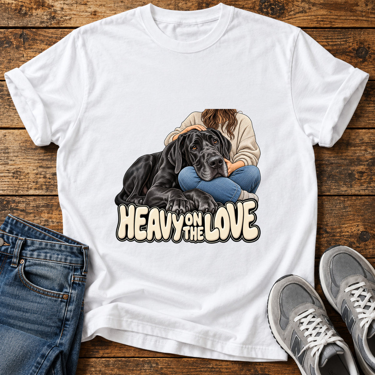 Heavy Love Great Dane graphic T-shirt in White, shown on a flat-lay shirt mockup