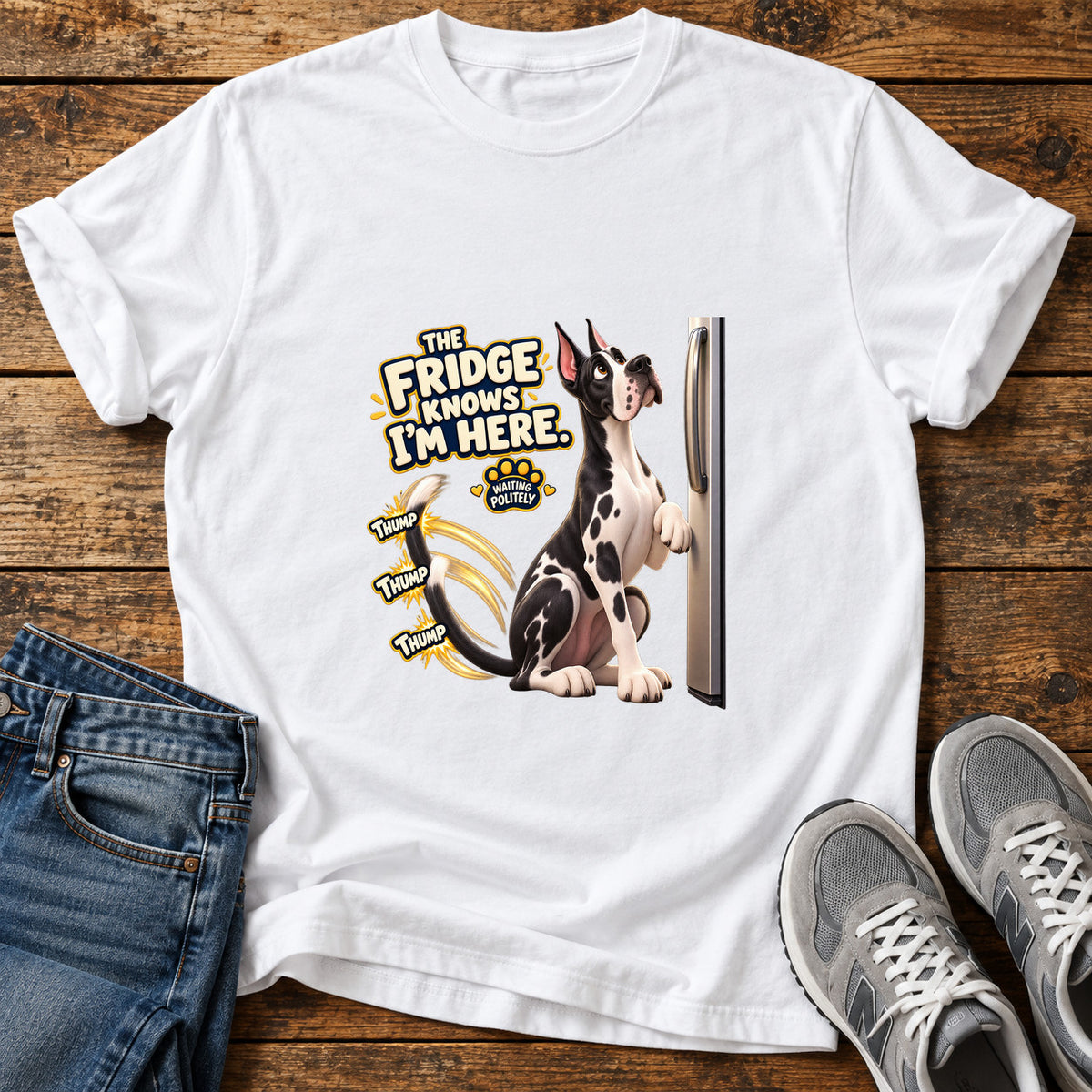 Fridge Dog Thump Great Dane graphic T-shirt in White, shown on a flat-lay shirt mockup