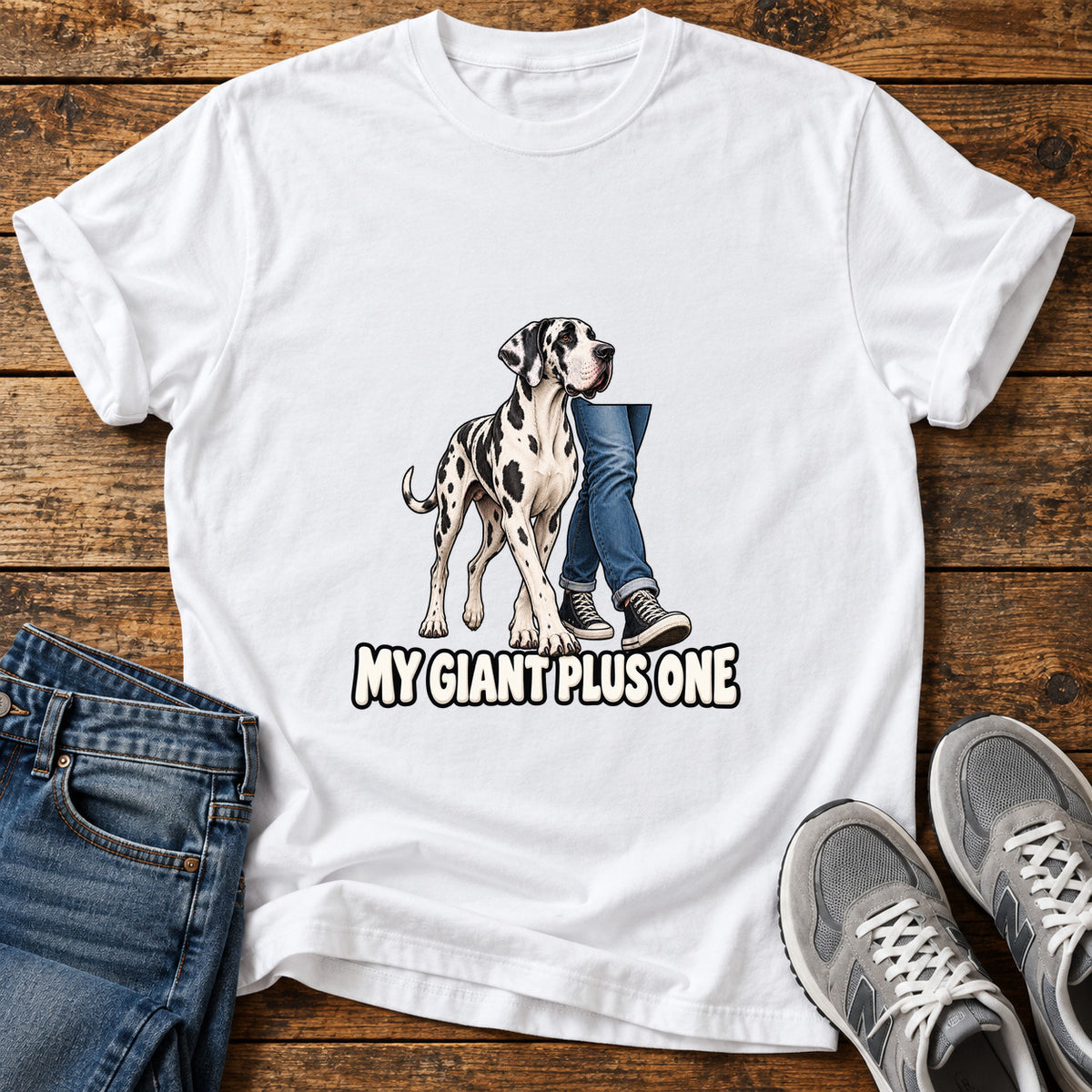 My Giant Plus Great Dane graphic T-shirt in White, shown on a flat-lay shirt mockup