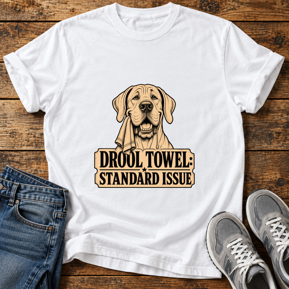 Drool Towel Standard Great Dane graphic T-shirt in White, shown on a flat-lay shirt mockup