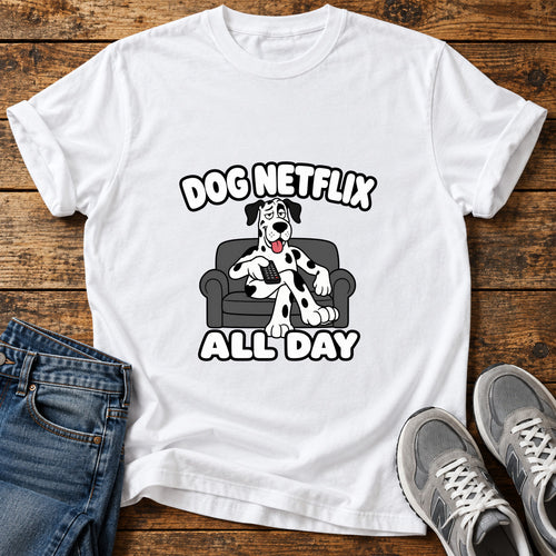 Dog Netflix Day Great Dane graphic T-shirt in White, shown on a flat-lay shirt mockup