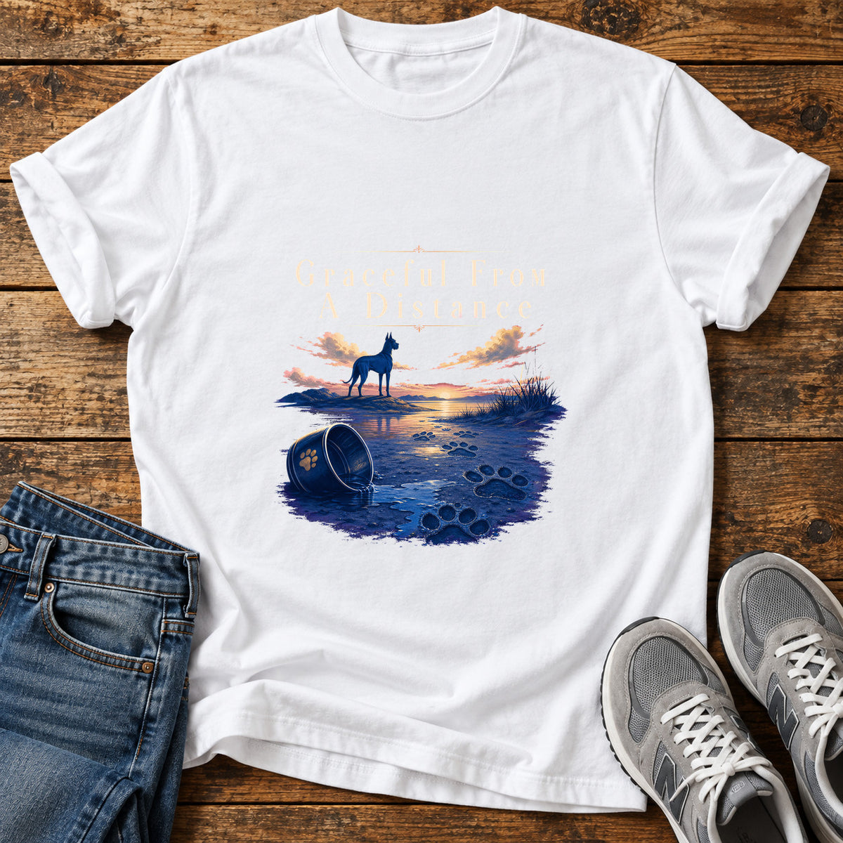 Graceful Distance Great Dane graphic T-shirt in White, shown on a flat-lay shirt mockup