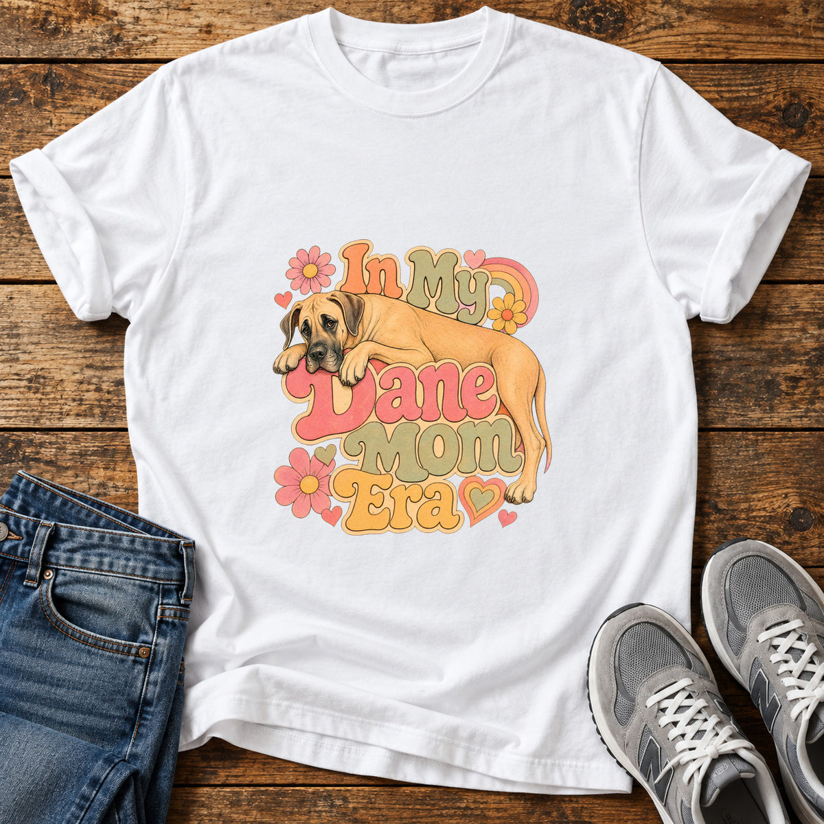 Dane Mom Era Great Dane graphic T-shirt in White, shown on a flat-lay shirt mockup