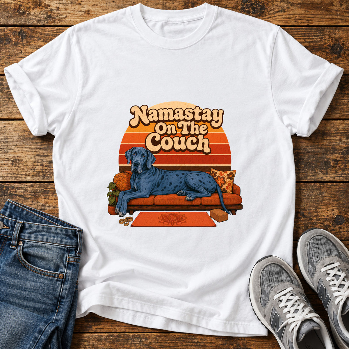 Namastay Couch Pooch Great Dane graphic T-shirt in White, shown on a flat-lay shirt mockup