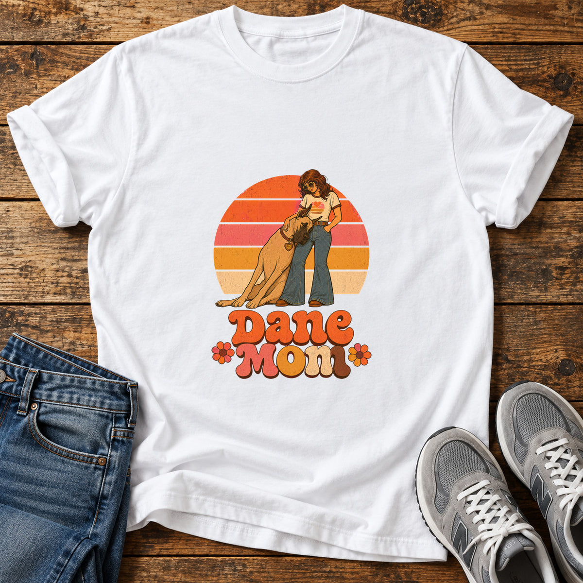 Dane Mom Great Dane graphic T-shirt in White, shown on a flat-lay shirt mockup