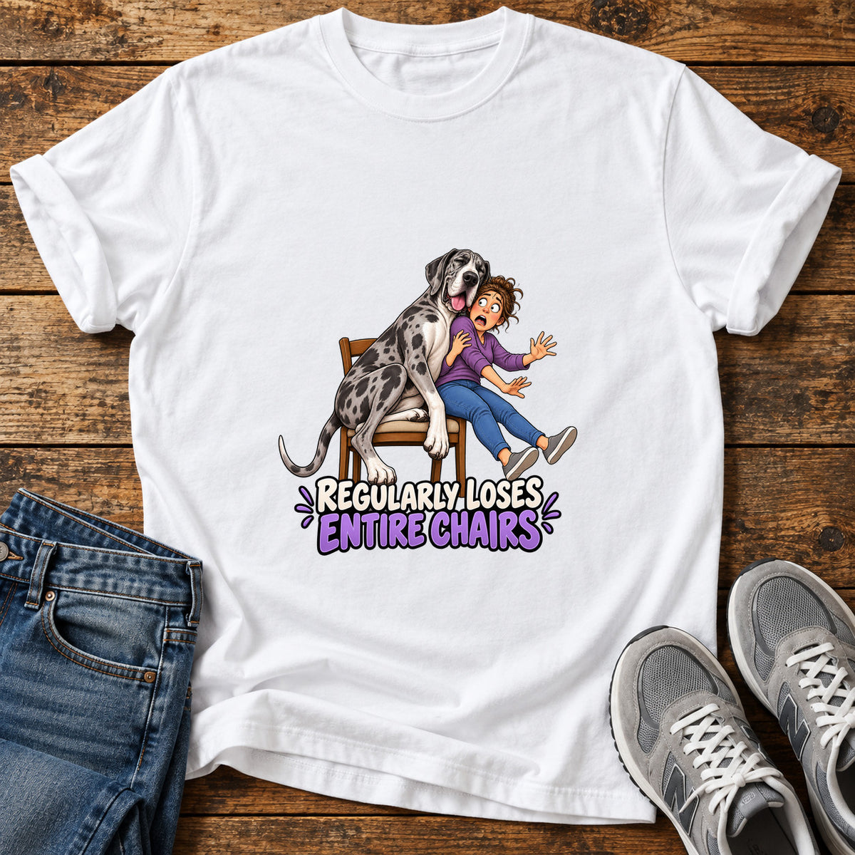 Loses Entire Chairs Great Dane graphic T-shirt in White, shown on a flat-lay shirt mockup