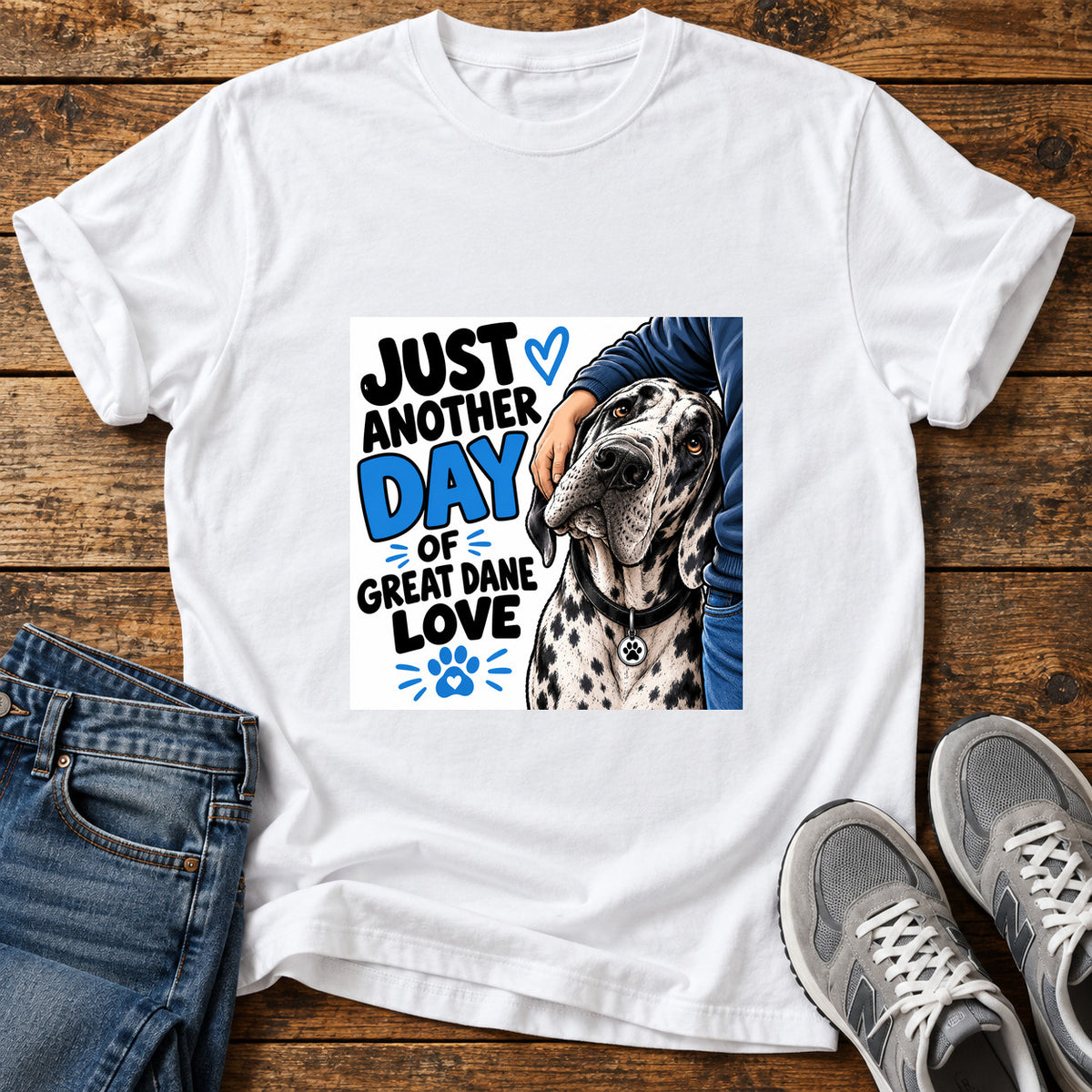 Great Dane Love graphic T-shirt in White, shown on a flat-lay shirt mockup