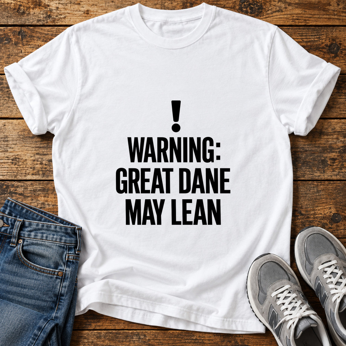 Great Dane Warning graphic T-shirt in White, shown on a flat-lay shirt mockup