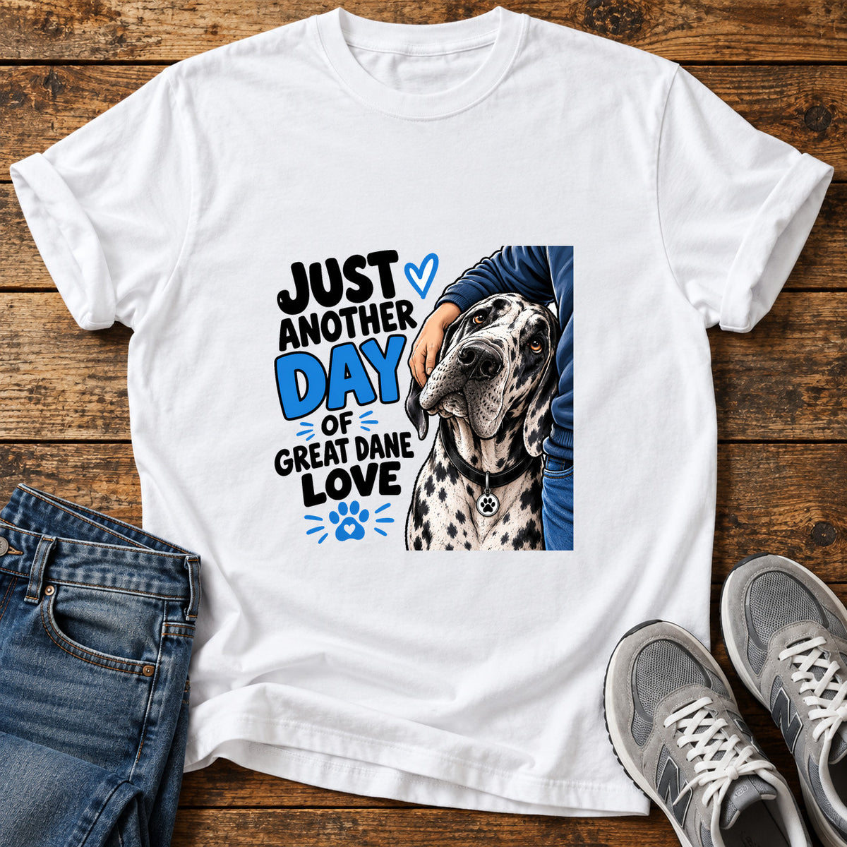 Great Dane Love graphic T-shirt in White, shown on a flat-lay shirt mockup