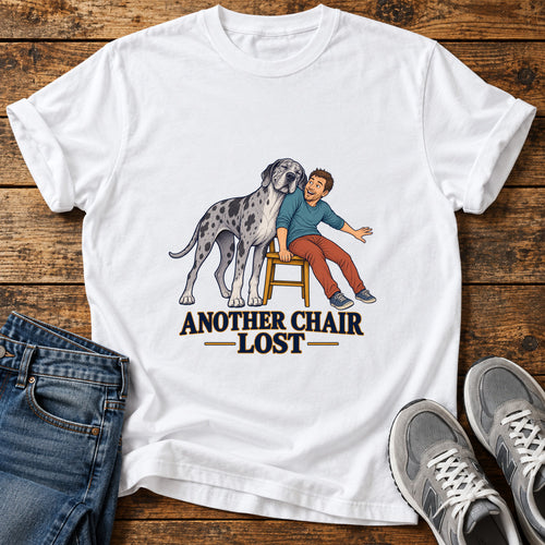 Another Chair Lost Great Dane graphic T-shirt in White, shown on a flat-lay shirt mockup