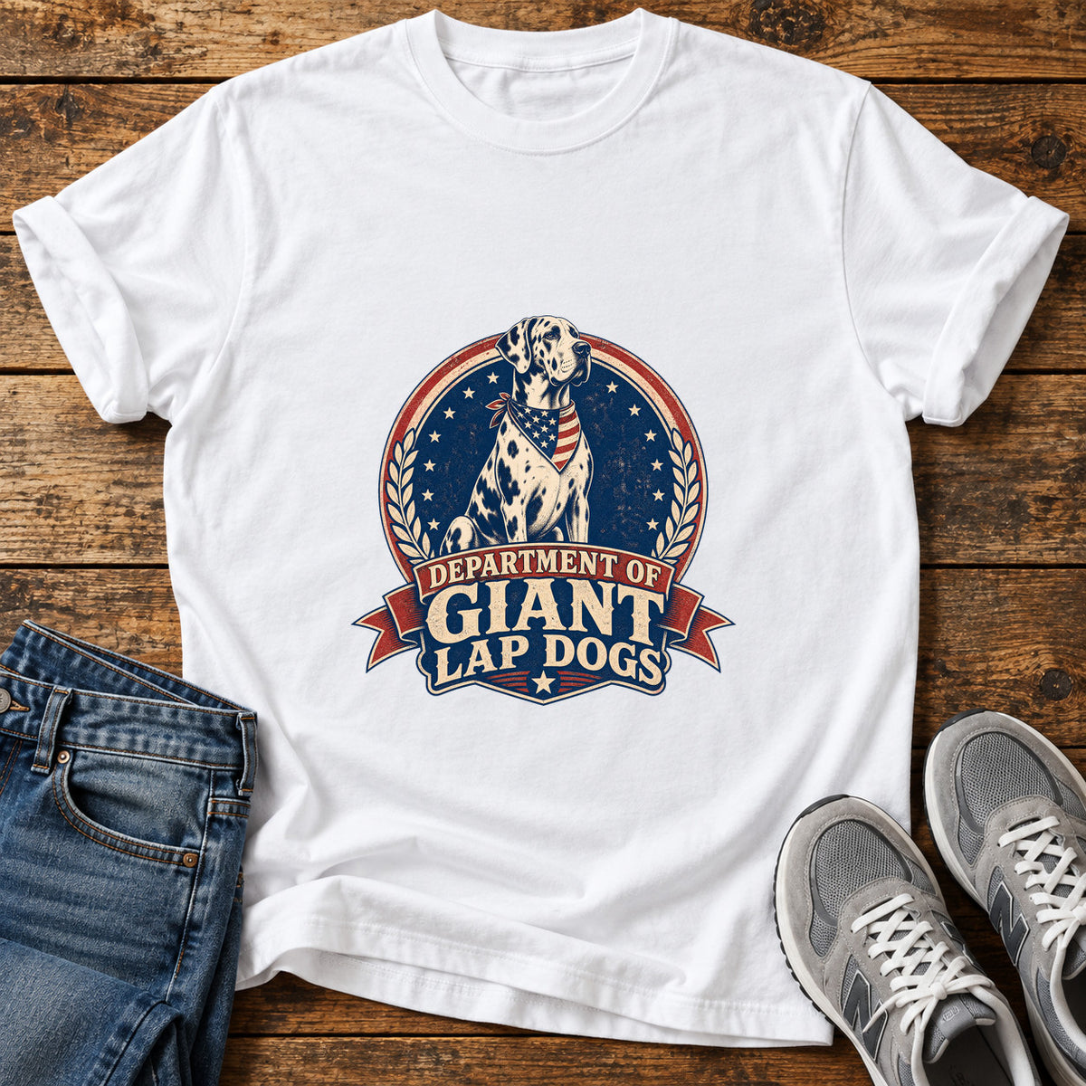 Giant Lap Dogs Great Dane graphic T-shirt in White, shown on a flat-lay shirt mockup