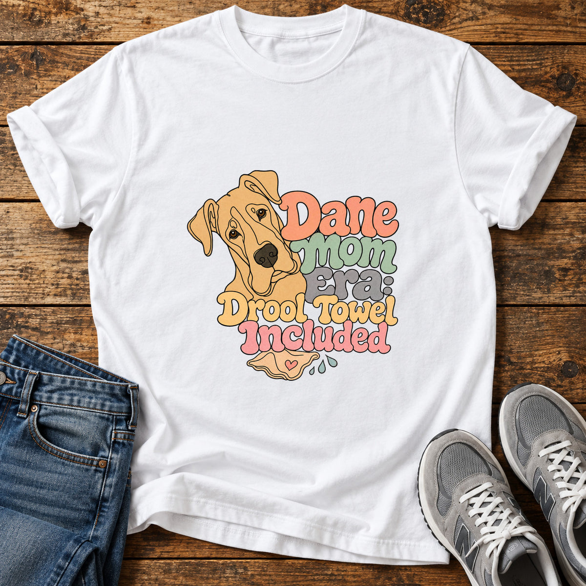 Dane Mom Era Great Dane graphic T-shirt in White, shown on a flat-lay shirt mockup