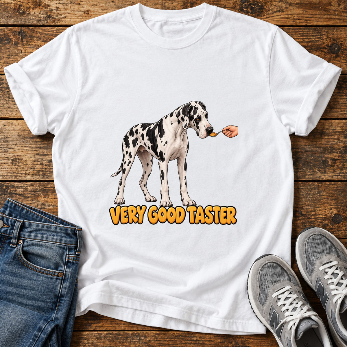 Very Good Taster Great Dane graphic T-shirt in White, shown on a flat-lay shirt mockup