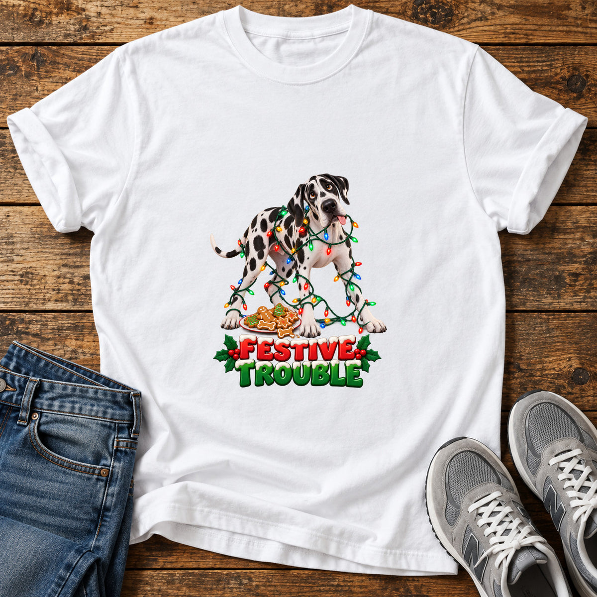 Festive Trouble Great Dane graphic T-shirt in White, shown on a flat-lay shirt mockup