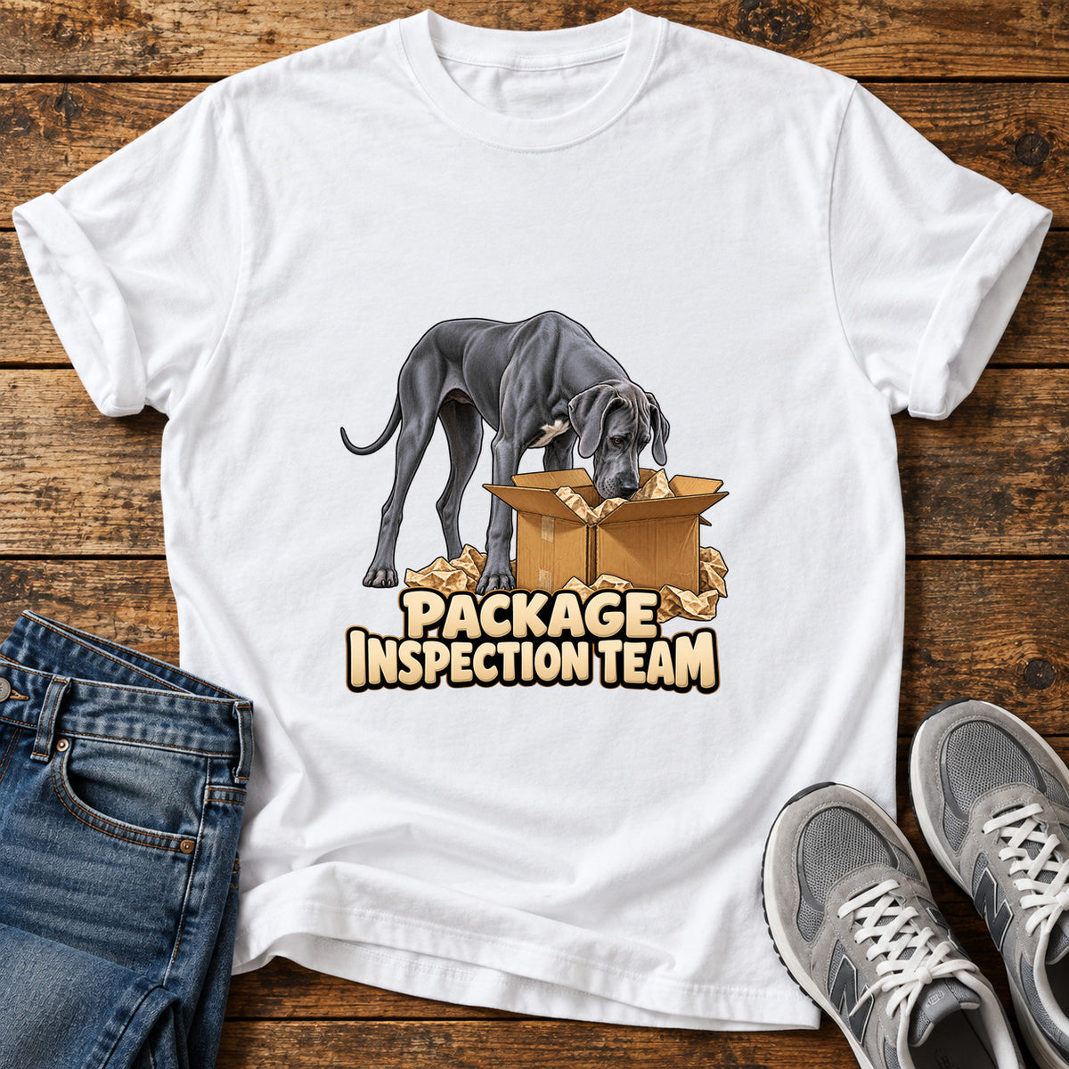 Package Dog Patrol Great Dane graphic T-shirt in White, shown on a flat-lay shirt mockup