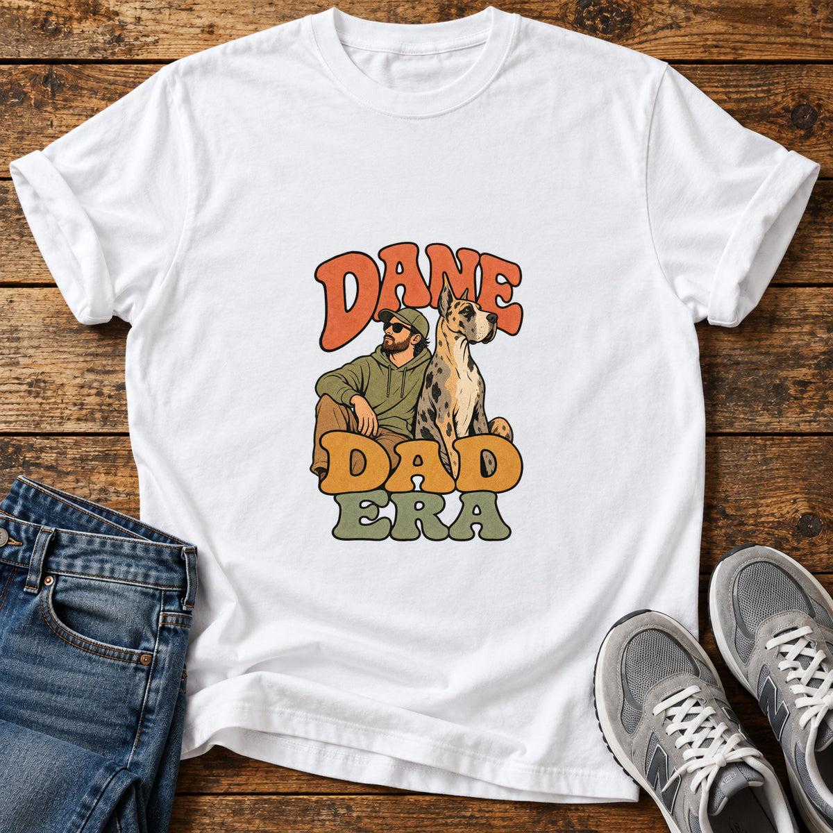 Dane Dad Era Great Dane graphic T-shirt in White, shown on a flat-lay shirt mockup