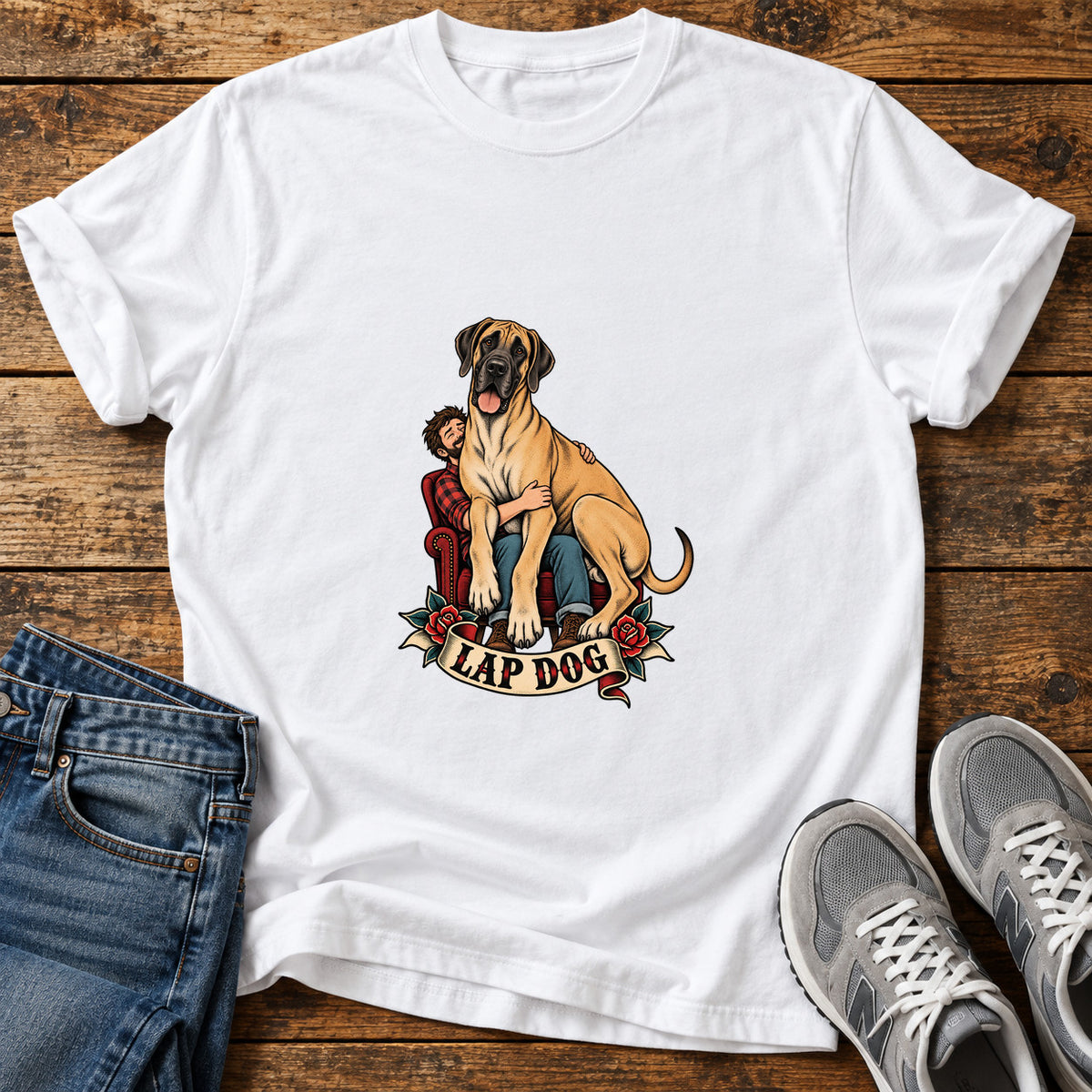 Lap Dog Great Dane graphic T-shirt in White, shown on a flat-lay shirt mockup