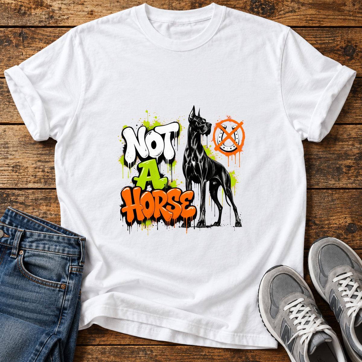 Not A Horse Great Dane graphic T-shirt in White, shown on a flat-lay shirt mockup