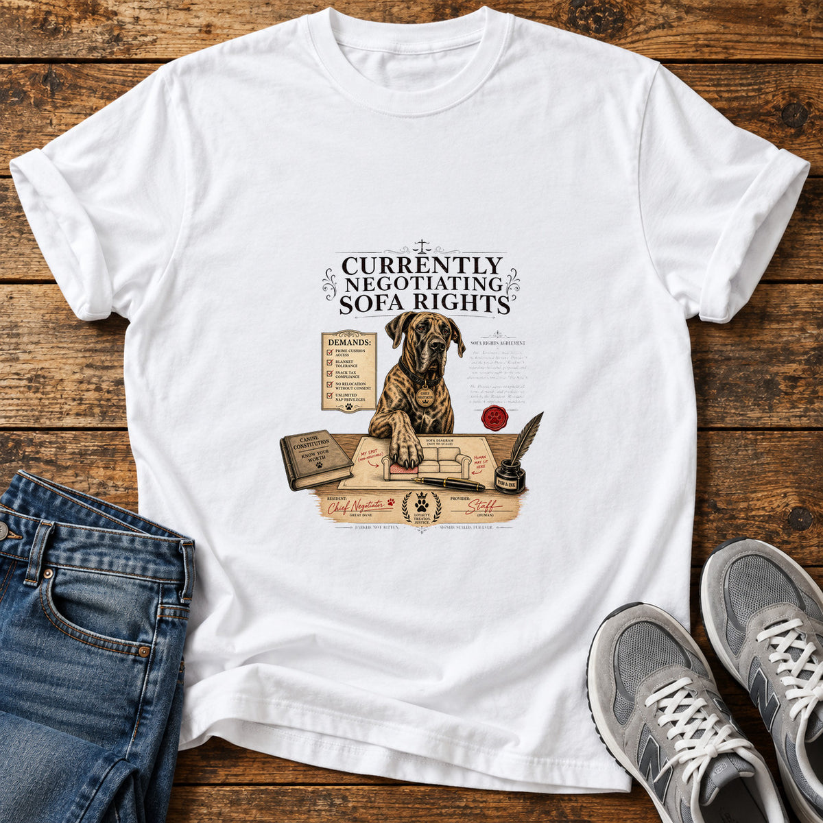 Sofa Rights Negotiation Great Dane graphic T-shirt in White, shown on a flat-lay shirt mockup
