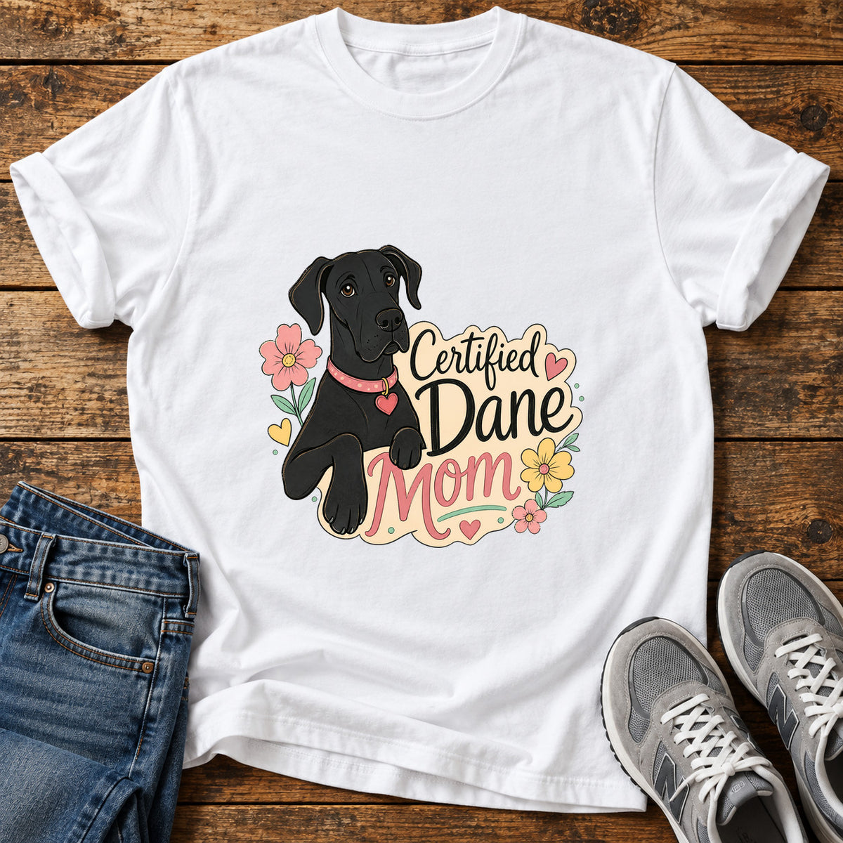 Certified Dane Mom Great Dane graphic T-shirt in White, shown on a flat-lay shirt mockup