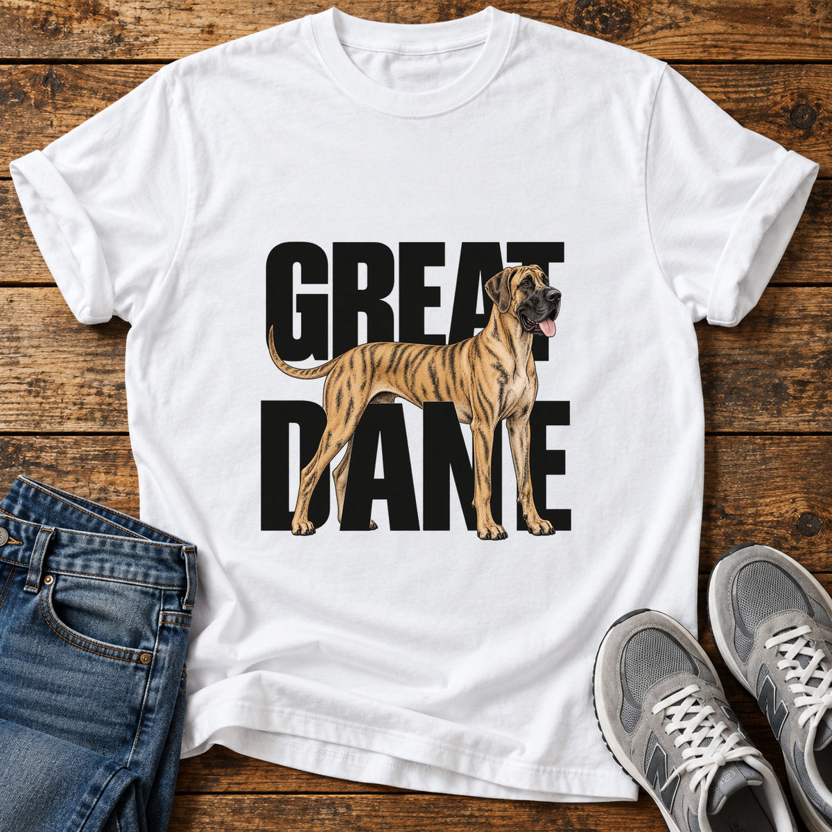 Great Dane graphic T-shirt in White, shown on a flat-lay shirt mockup