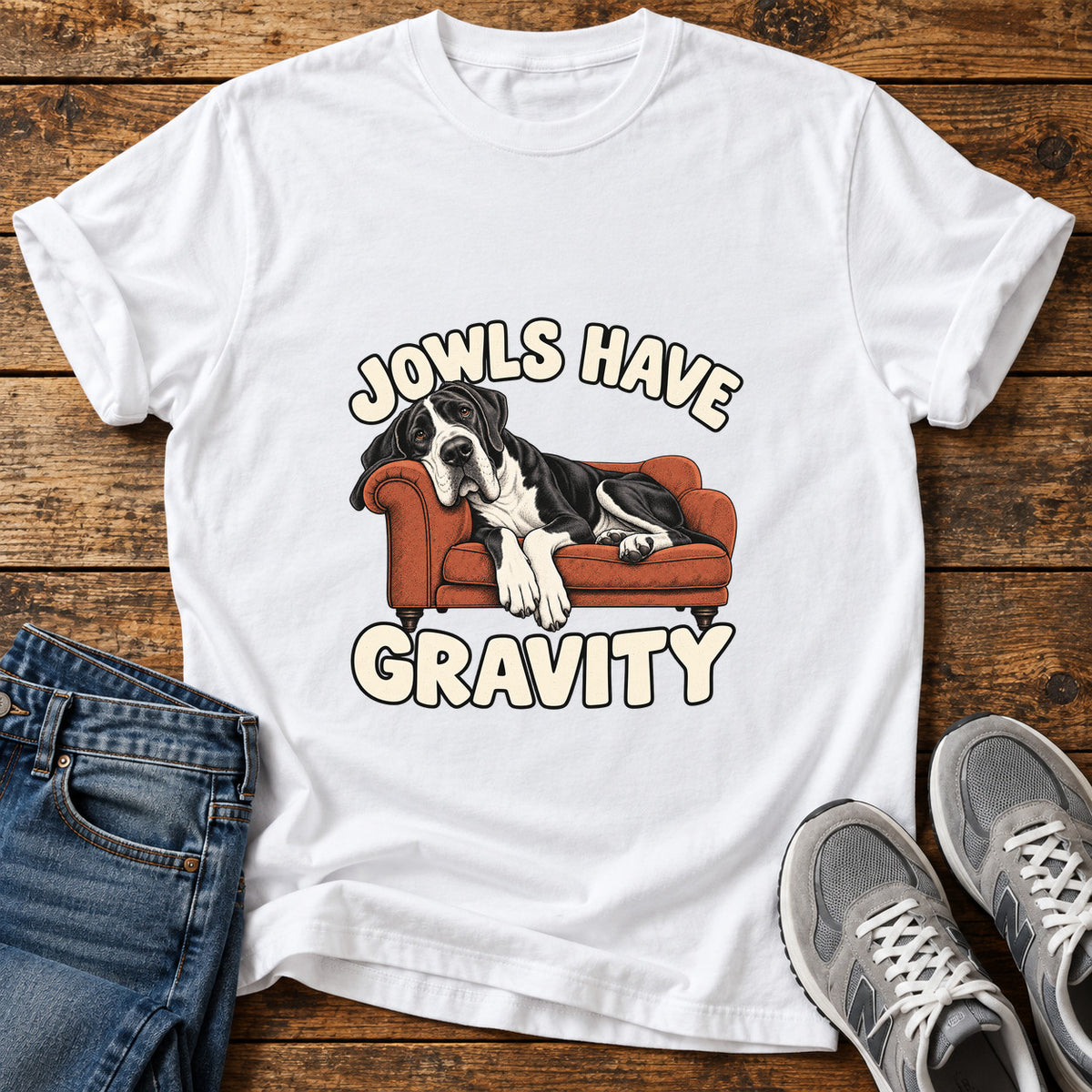 Jowls Gravity Great Dane graphic T-shirt in White, shown on a flat-lay shirt mockup
