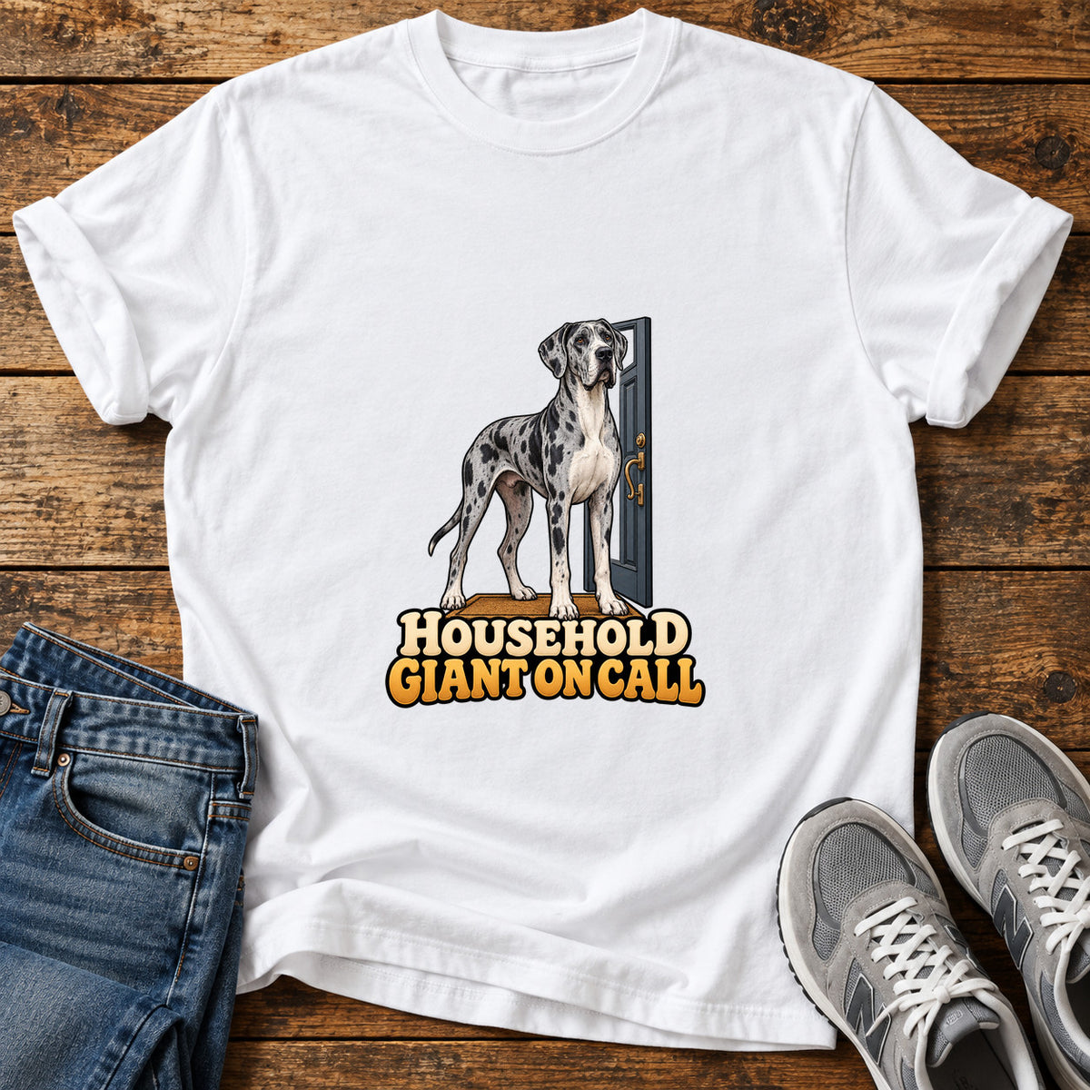 Household Giant Great Dane graphic T-shirt in White, shown on a flat-lay shirt mockup