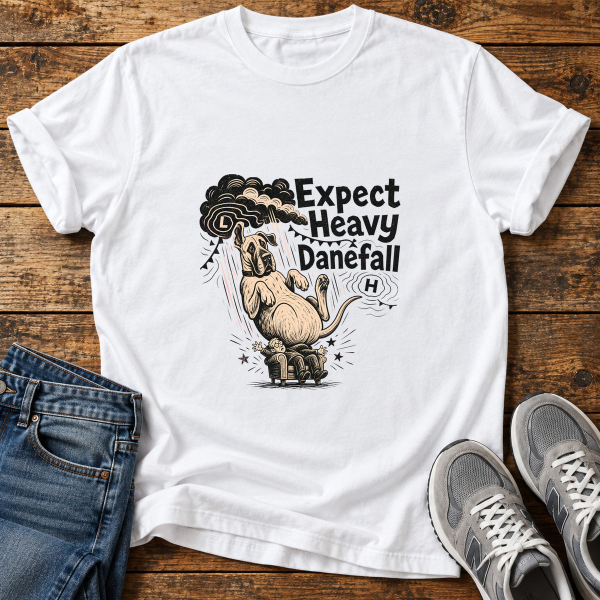 Expect Danefall Great Dane graphic T-shirt in White, shown on a flat-lay shirt mockup