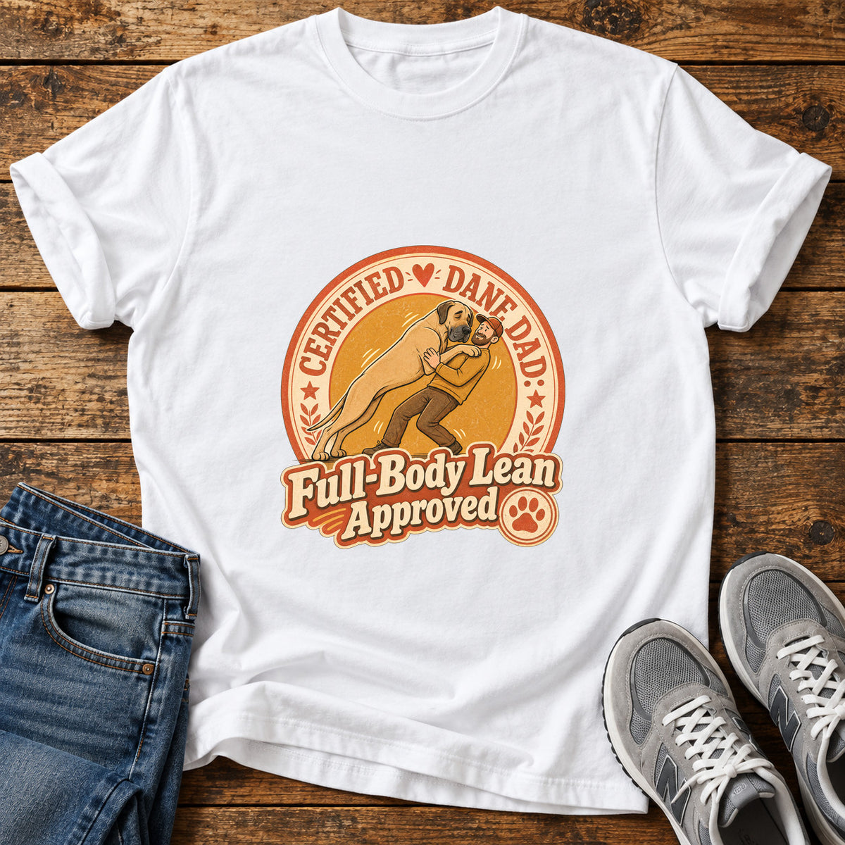 Full-Body Lean Great Dane graphic T-shirt in White, shown on a flat-lay shirt mockup