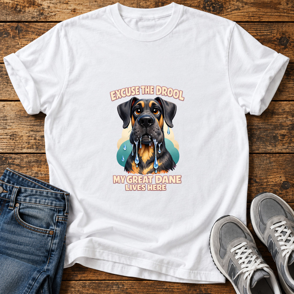 Excuse The Drool Great Dane graphic T-shirt in White, shown on a flat-lay shirt mockup