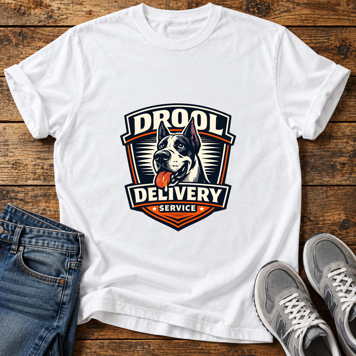 Drool Delivery Service Great Dane graphic T-shirt in White, shown on a flat-lay shirt mockup