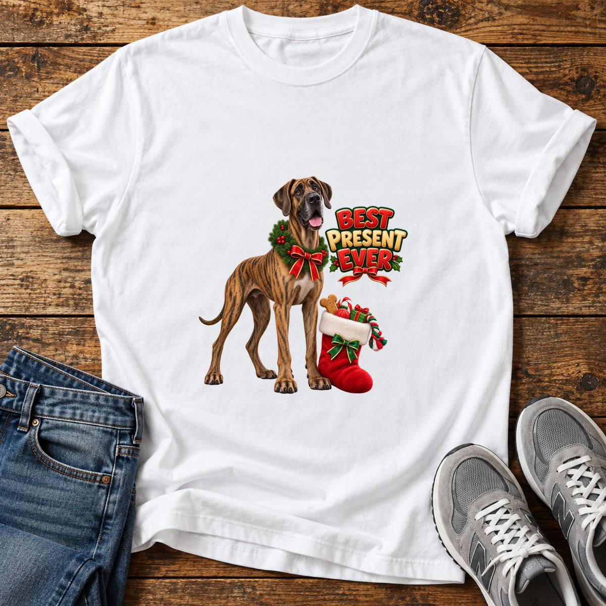 Best Present Ever Great Dane graphic T-shirt in White, shown on a flat-lay shirt mockup