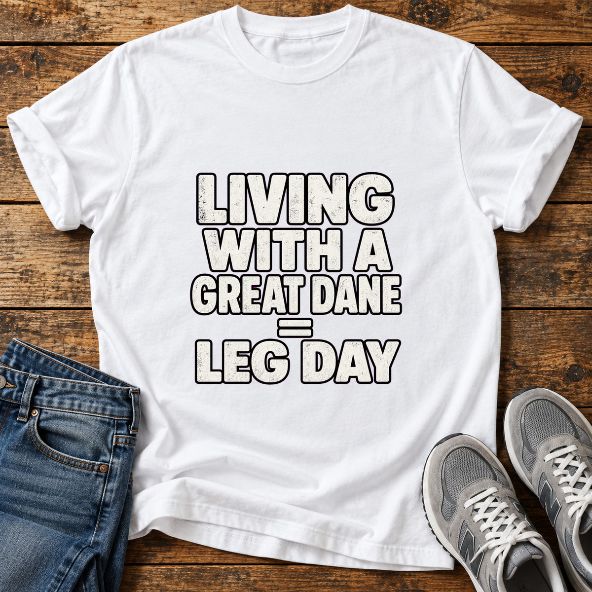 Great Dane Leg graphic T-shirt in White, shown on a flat-lay shirt mockup