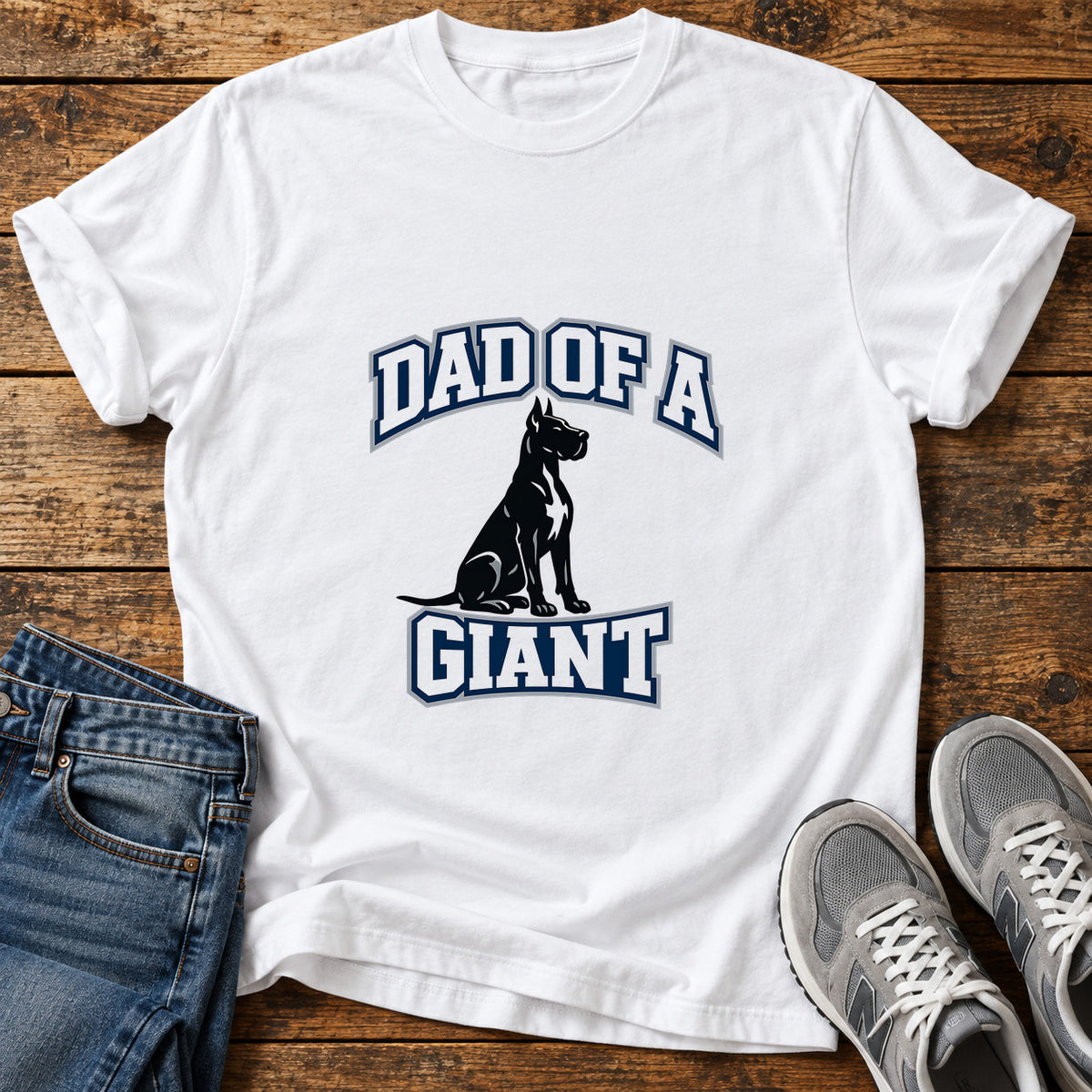 Dad Of Giant Great Dane graphic T-shirt in White, shown on a flat-lay shirt mockup