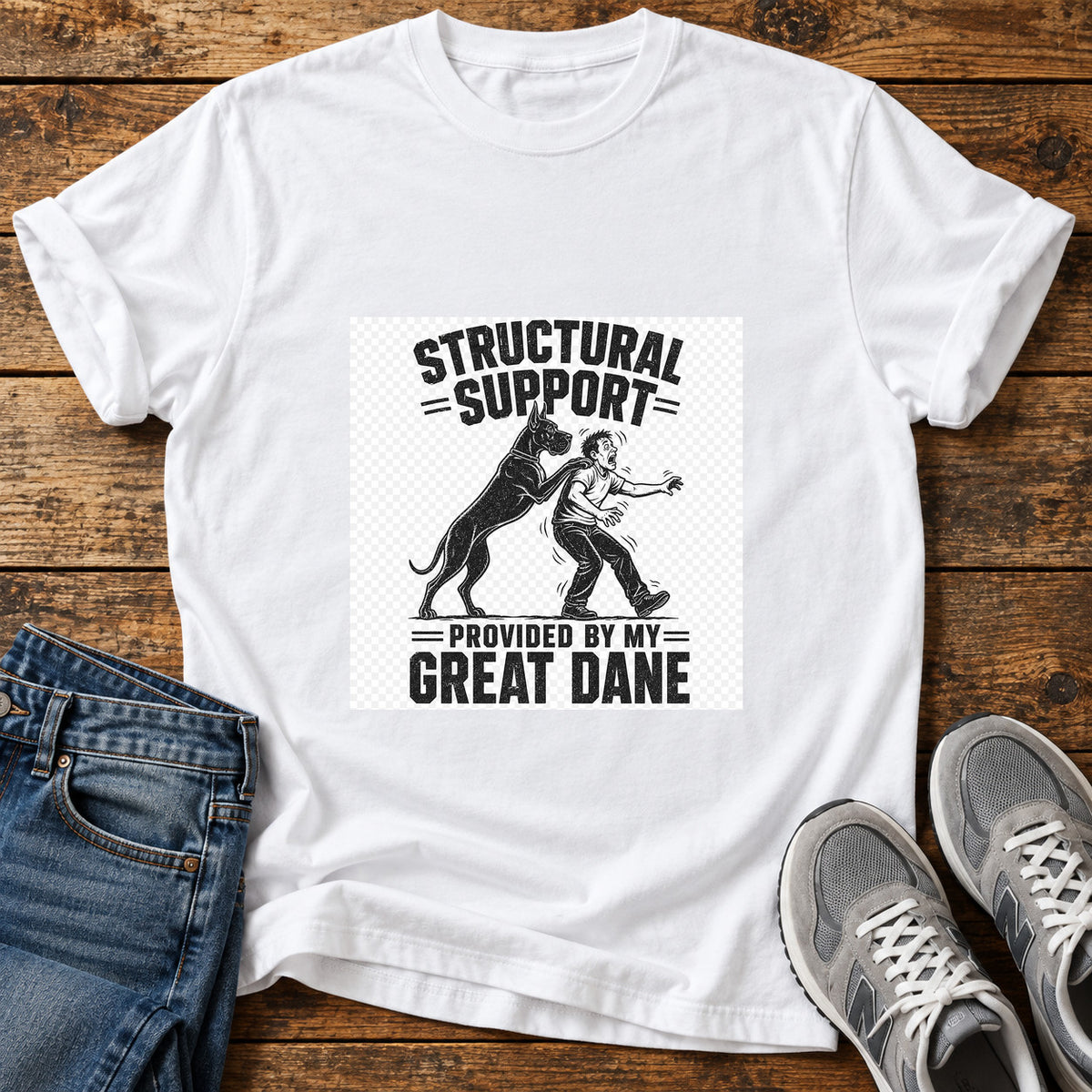 Structural Support Great Dane graphic T-shirt in White, shown on a flat-lay shirt mockup