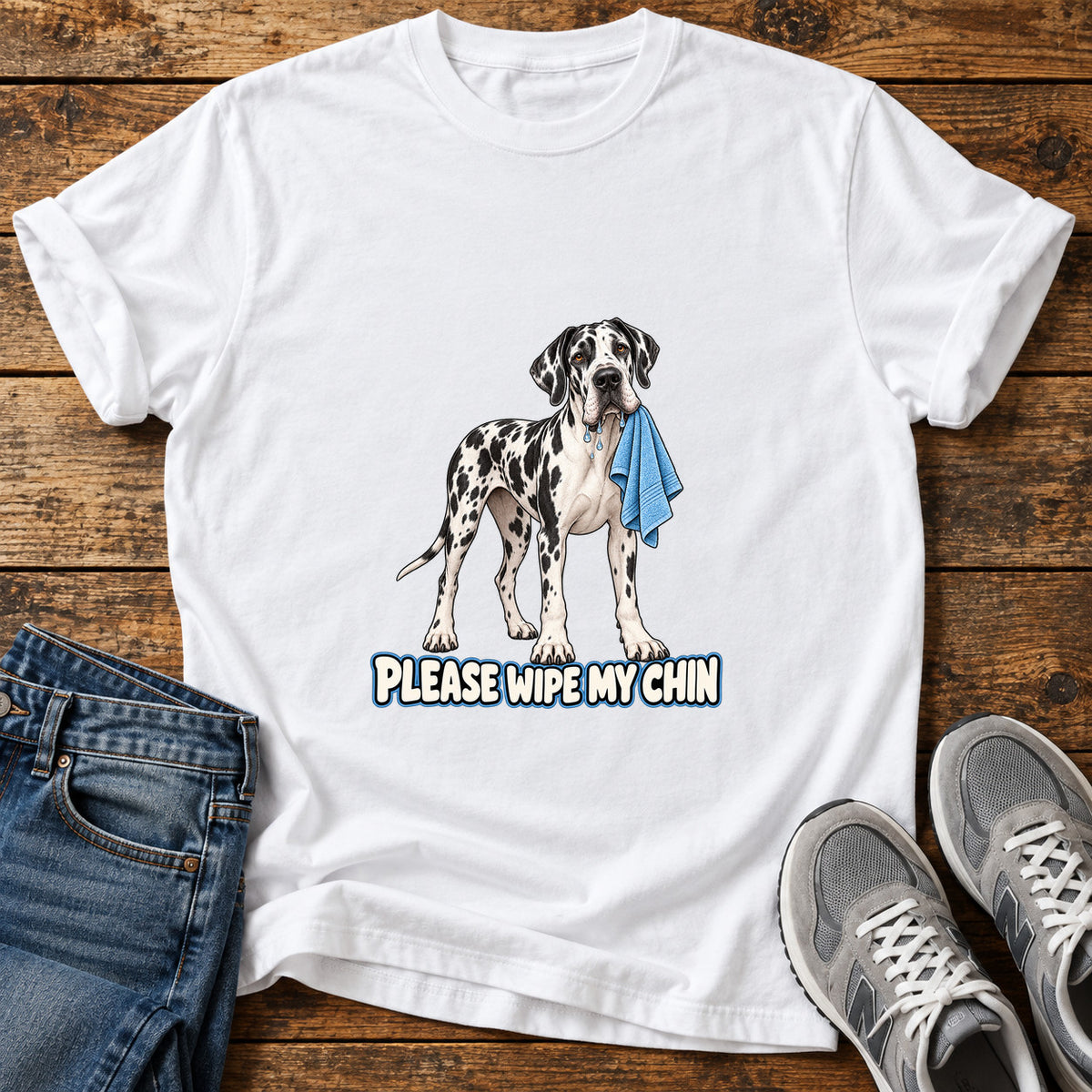 Wipe My Chin Great Dane graphic T-shirt in White, shown on a flat-lay shirt mockup