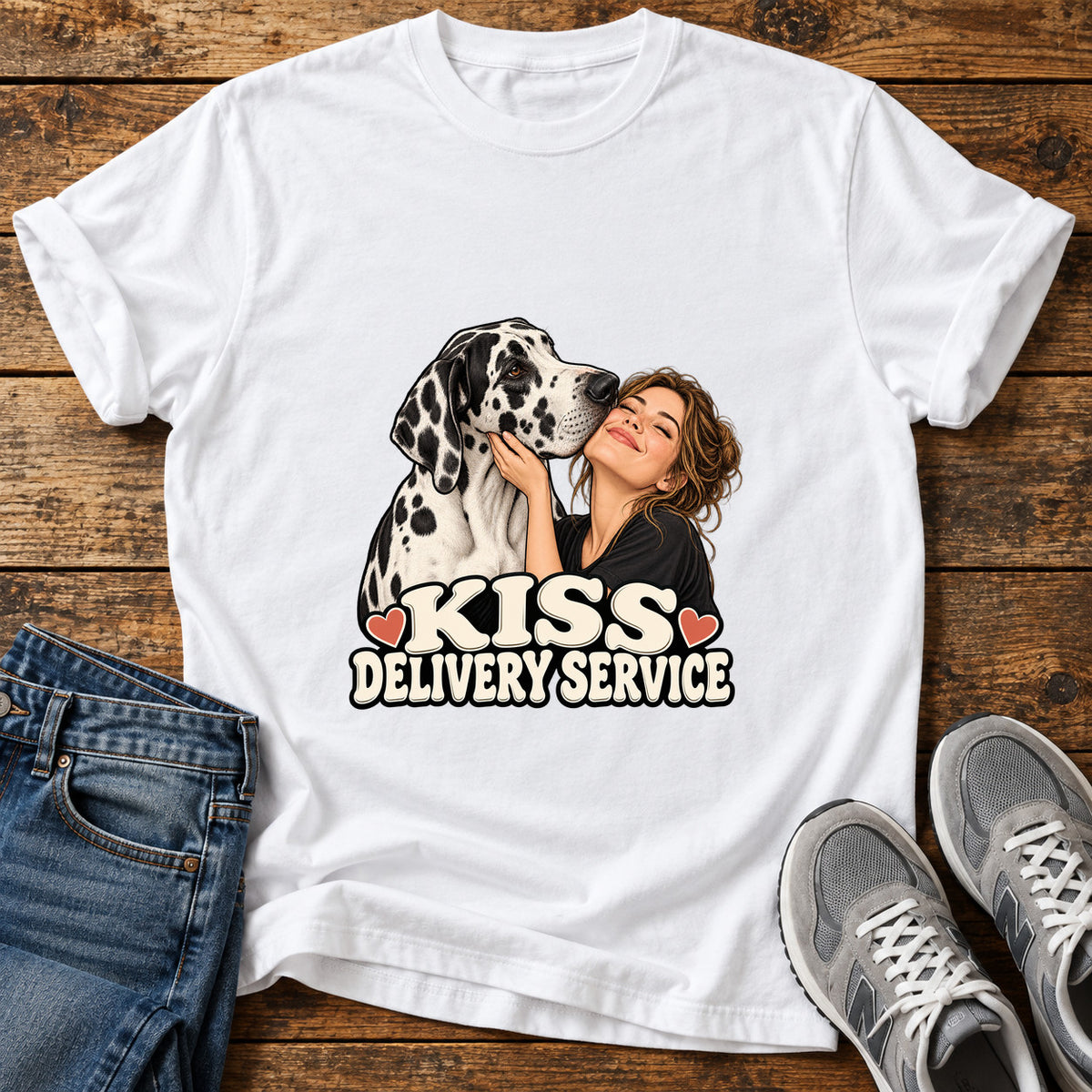 Kiss Delivery Great Dane graphic T-shirt in White, shown on a flat-lay shirt mockup