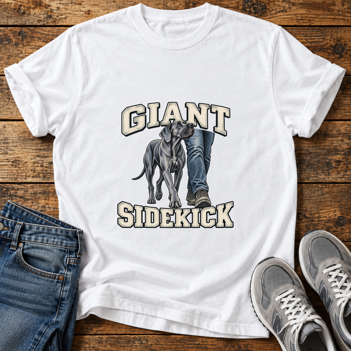 Giant Sidekick Great Dane graphic T-shirt in White, shown on a flat-lay shirt mockup