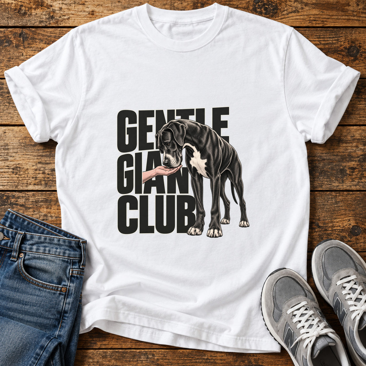 Gentle Giant Club Great Dane graphic T-shirt in White, shown on a flat-lay shirt mockup